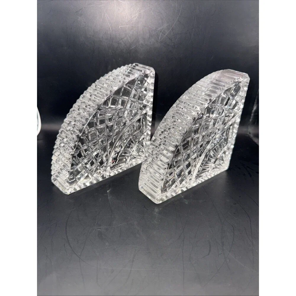 ILLUSIONS BY SAMOBOR 24% FULL LEAD HANDCUT HANDBLOWN FAN SHAPED CRYSTAL BOOKENDS - Picture 2 of 6